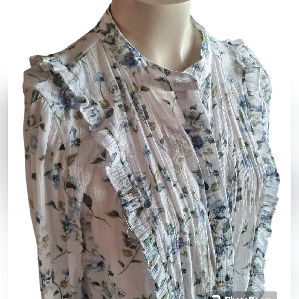 Zac & Rachel white petite semi sheer floral long sleeve blouse with ruff…